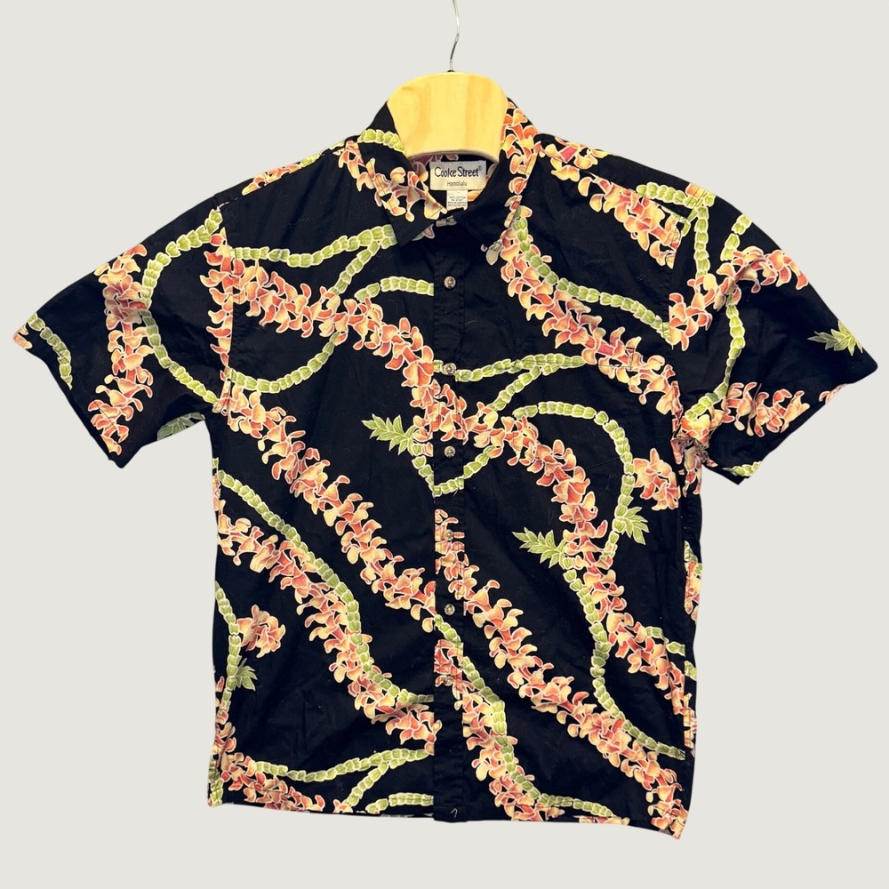 2343 | Vintage Cooke Street Honolulu Hawaiian Aloha Shirt Black Floral Mens L